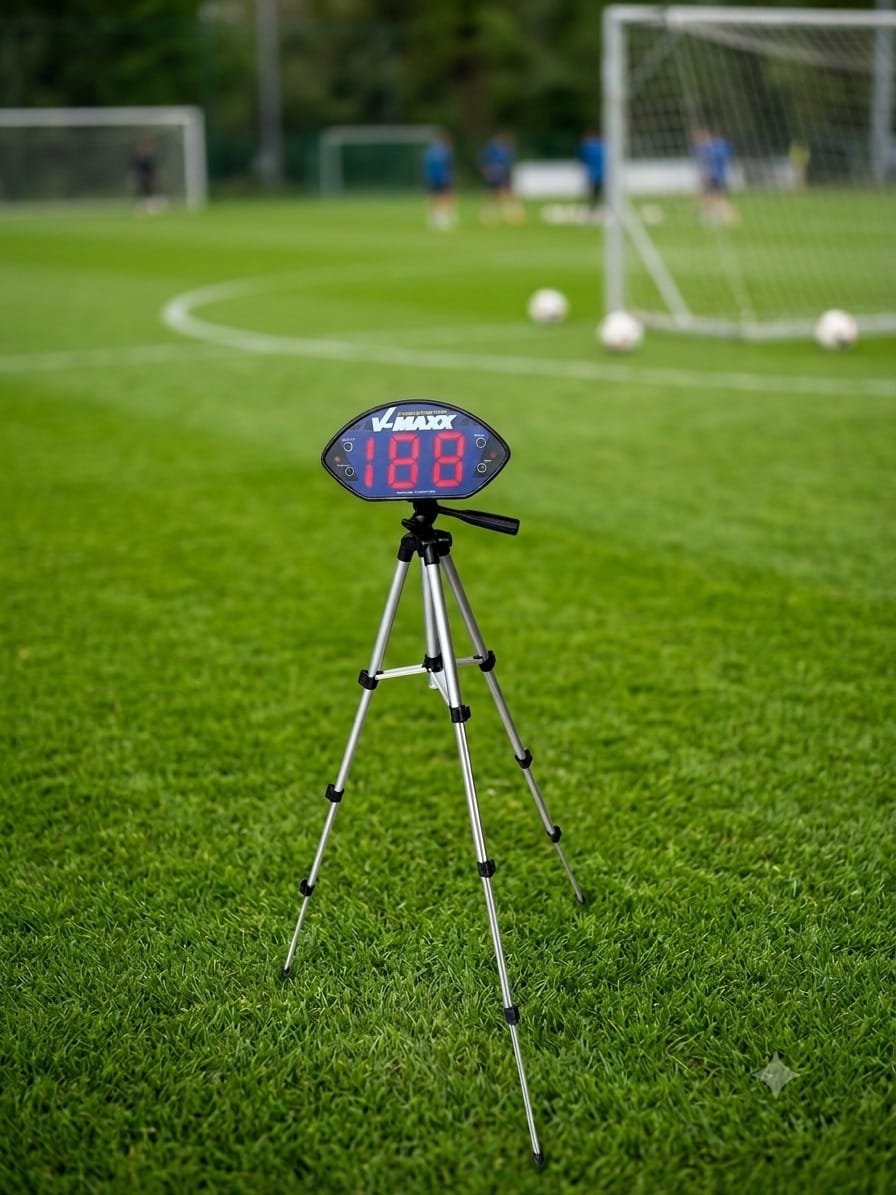 Le radar de tir Foot4Fun sur trépied, affichant une vitesse en km/h devant un but